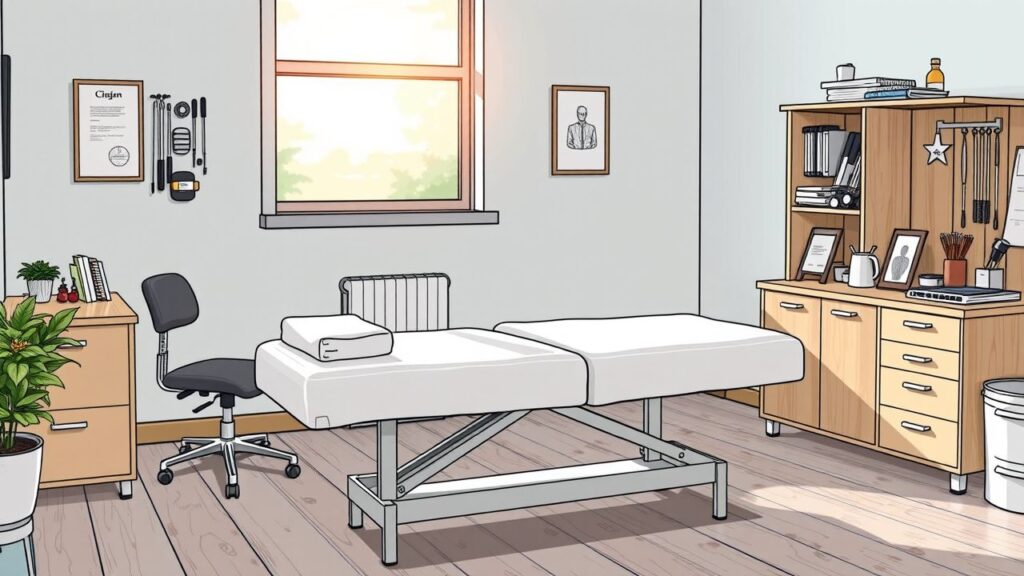 A chiropractic clinic room with treatment table and tools