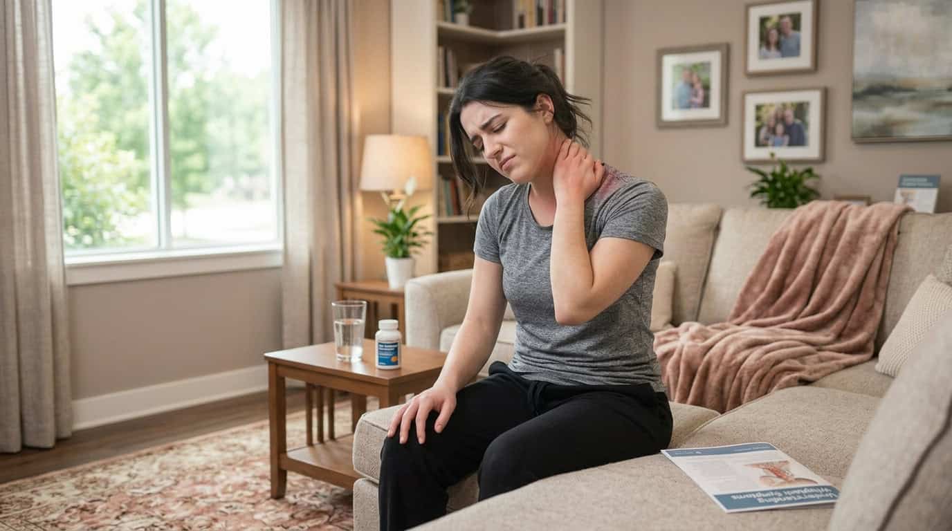 A woman sitting on a living room couch, wincing in pain while clutching her stiff, aching neck.