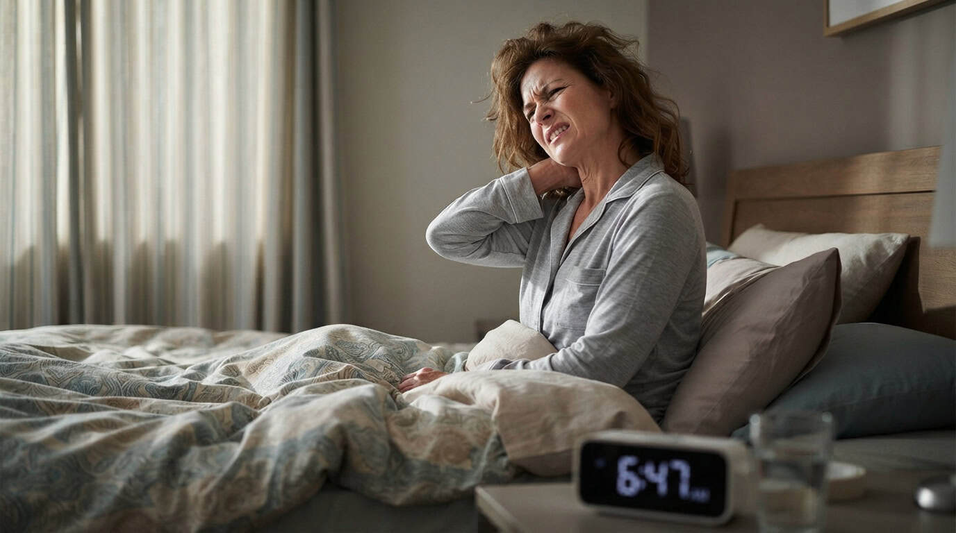 Woman sits up in bed in grimacing while grasping her neck in pain